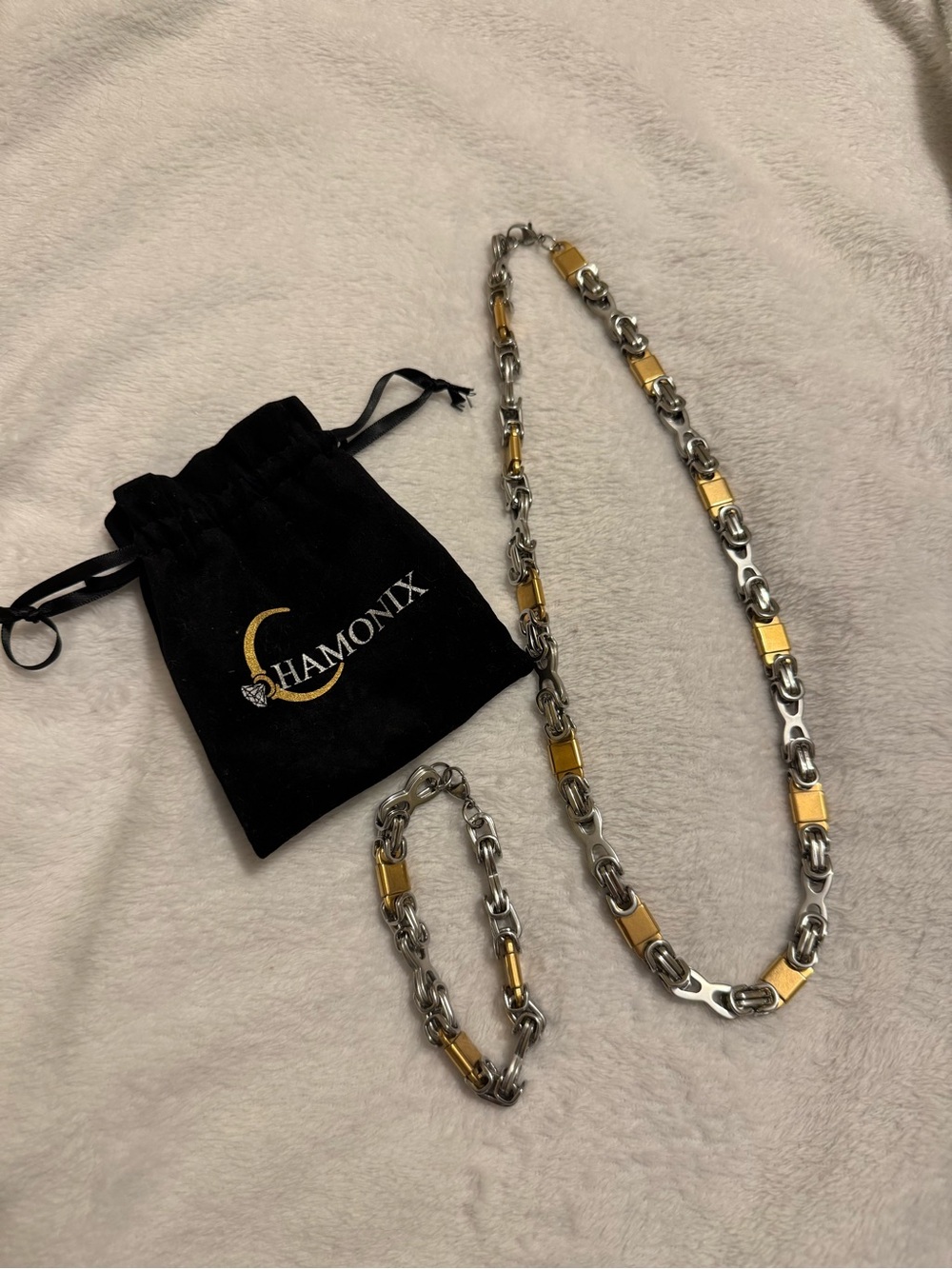 Chamonix Two-Tone Men's Necklace and Bracelet Set in Silver and Gold